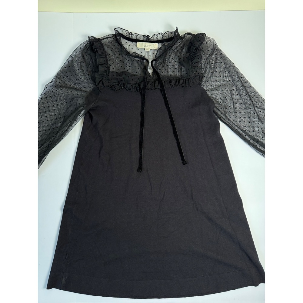 Loft Petites Black Swiss Dot Mesh Sleeve Ruffle Tie Neck Dress XSP